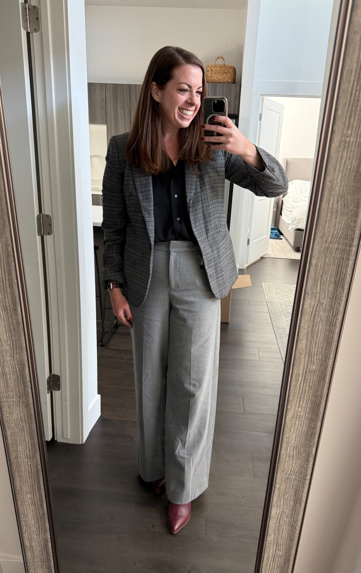 Monochromatic with patterns and a pop of red! 

#LTKShoeCrush #LTKMidsize #LTKWorkwear