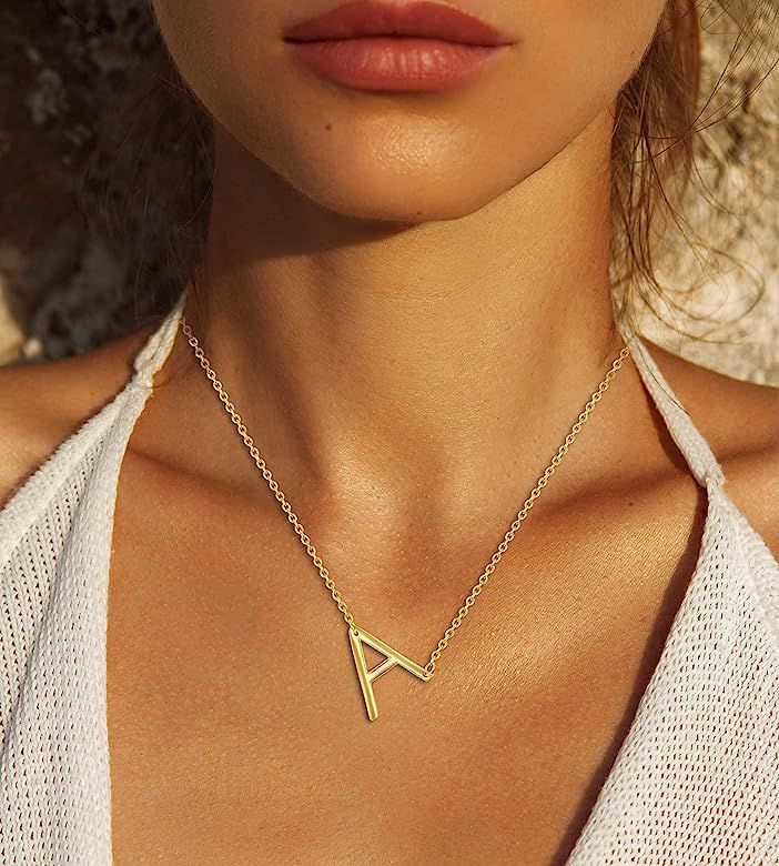 14k Gold Over Sterling Silver Sideways Initial Necklace A-Z Pendant Large or Dainty Gold Letter Neck | Amazon (US)
