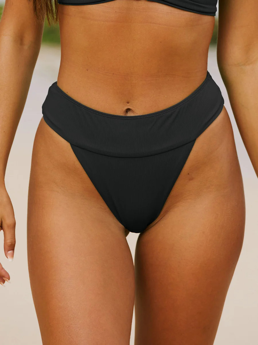 Black Ribbed High Cut Wide Waistband Bikini Bottom & Reviews - Black - Sustainable Bikinis | BERL... | BERLOOK