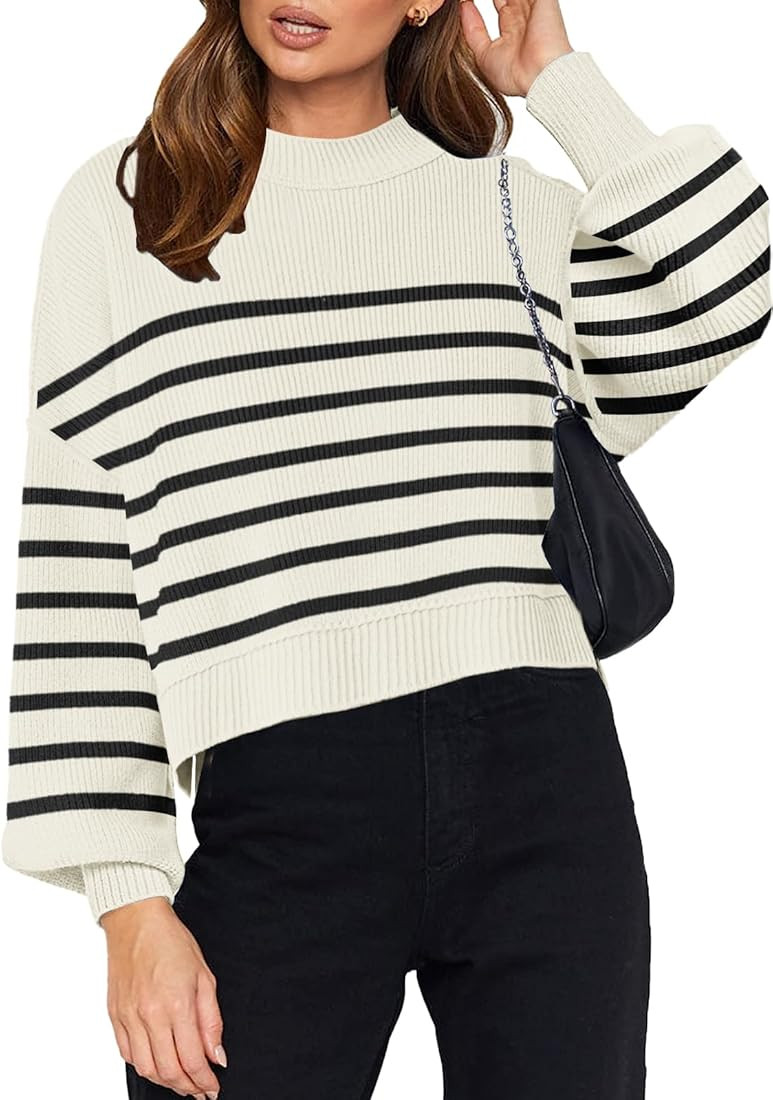 Womens 2023 Fall Sweaters Trendy Long Sleeve Knitted Tops Side Slit Crew Neck Oversized Cropped S... | Amazon (US)