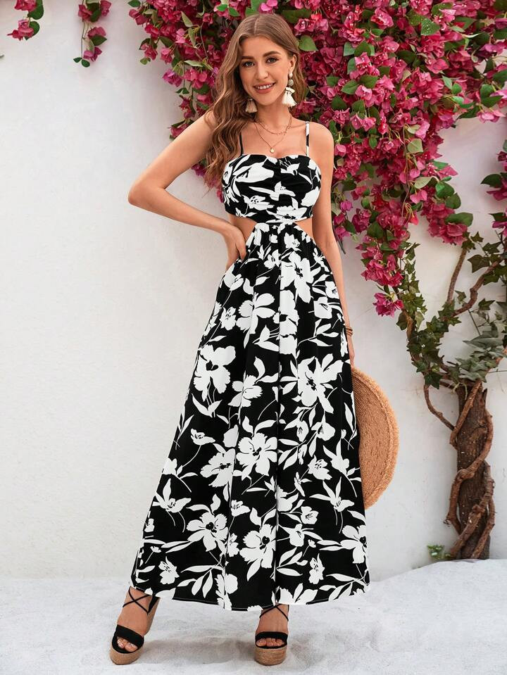 SHEIN VCAY Women's Floral Print Hollow Out Waist Cami Dress For Vacation | SHEIN