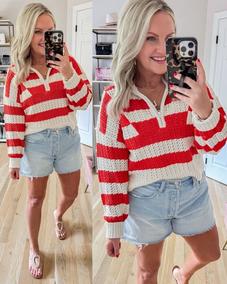 Target summer outfit 
Memorial Day outfit 
I’m in size medium in the pullover 
I sized up in the denim shorts 


#LTKFindsUnder50 #LTKOver40 #LTKSeasonal