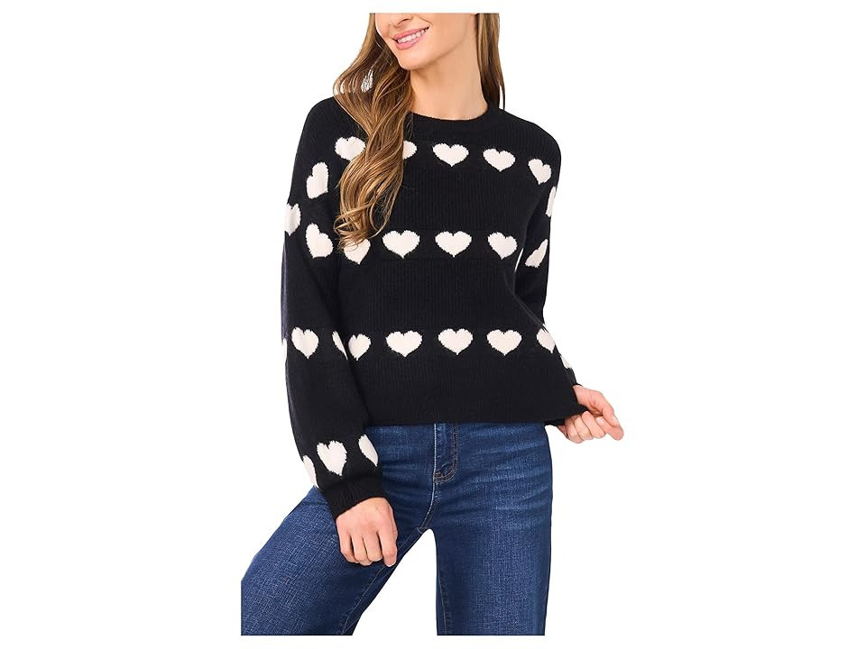 CeCe Heart Jacquard Crew Neck Sweater Women's Sweater Rich Black : XS, Polyester/Spandex | Zappos