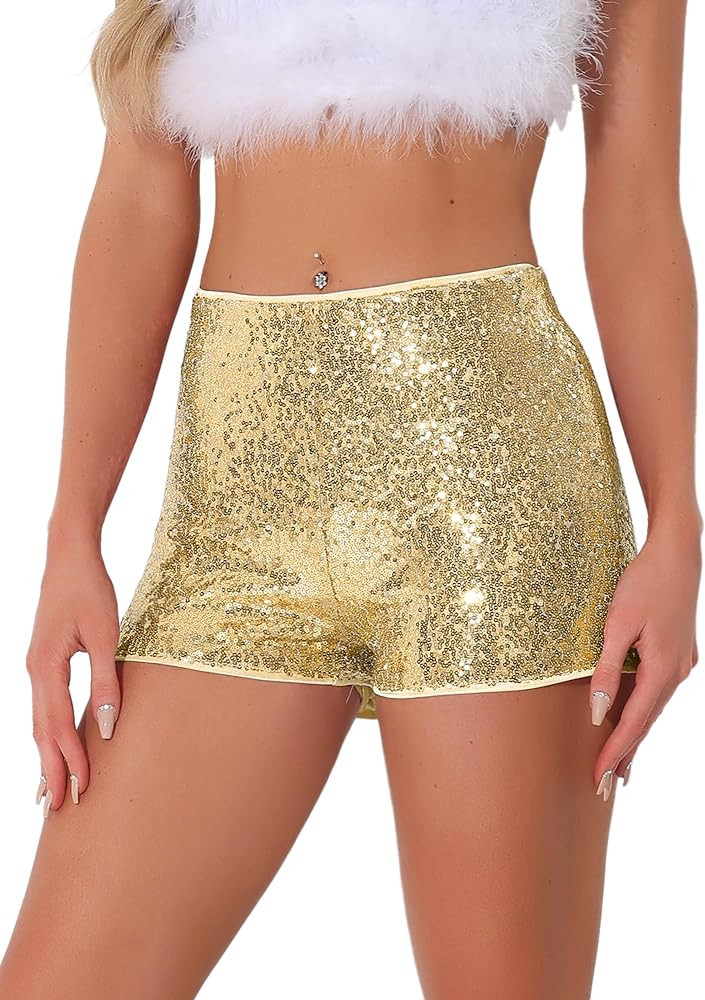 Allegra K Sequin Shorts for Women's Midrise Solid Zipper Elastic Waist Sparkle Cocktail Night Out... | Amazon (US)