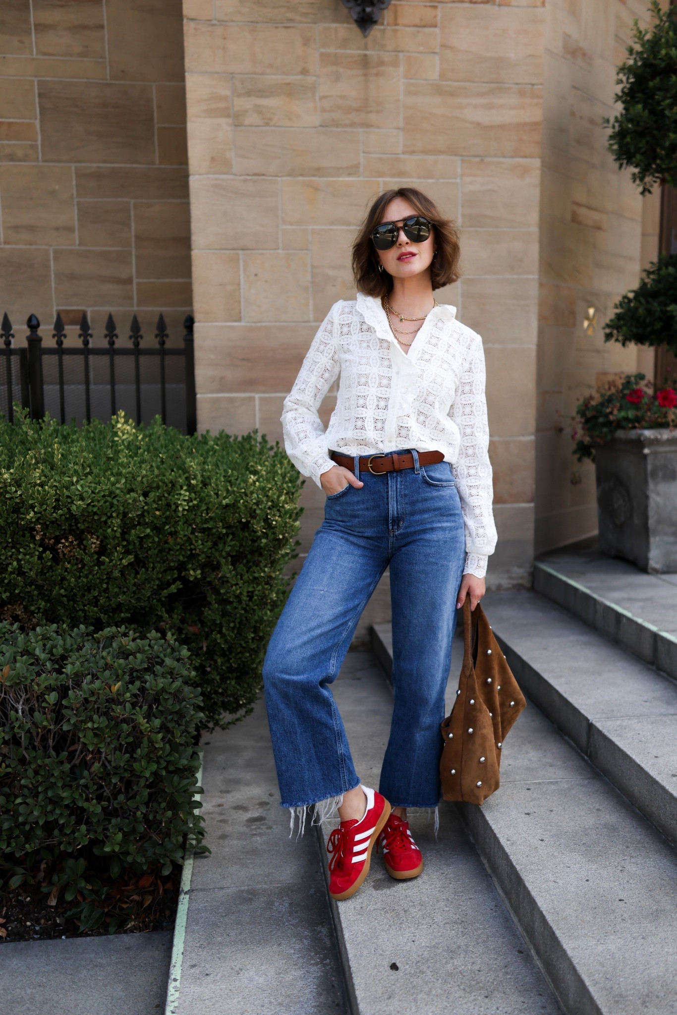 Lace top in Small
Jeans tts
Red sneakers tts 
Gazelles 
Studded bag 
Brown suede 

#LTKootd #LTKmomlife #LTKShoeCrush