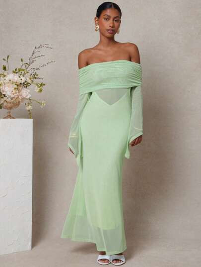 L'Amorae Sexy Sheer Hollow Out Solid Color Off Shoulder Dress | SHEIN