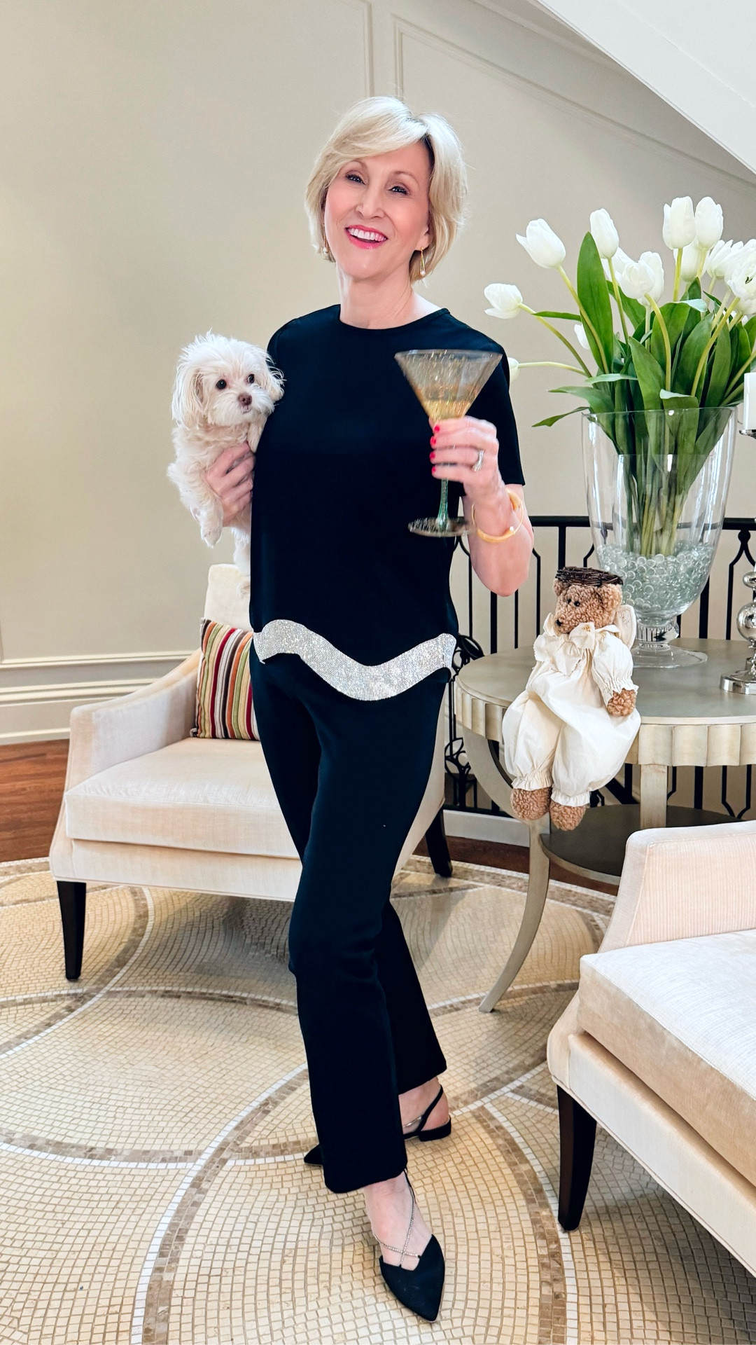 When in doubt, add a little sparkle ✨
This black top from Nordstrom with silver wave sequin detail does all the talking, paired with classic black pants to keep it effortless and chic. Perfect for holiday nights that call for something festive but still very me 🖤✨

#LTKOver40 #LTKHoliday #LTKSeasonal