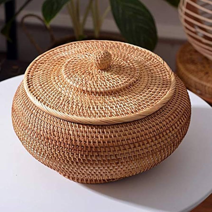 HOOK Rattan Boxes with Lid Hand-Woven Multi-Purpose Wicker Tray with Durable Rattan Fiber Round 1... | Amazon (US)