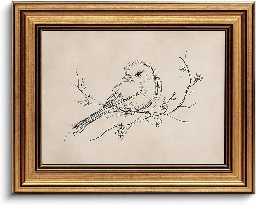 Gold Framed Wall Art Vintage Minimalist Birds Canvas Art Farmhouse Animals Picture Sketch Wall De... | Amazon (US)