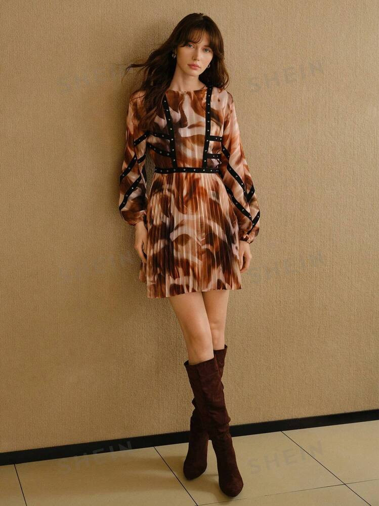 MOTF STUDIO STUDDED PATCHWORK BISHOP SLEEVE PLEATED DRESS | SHEIN