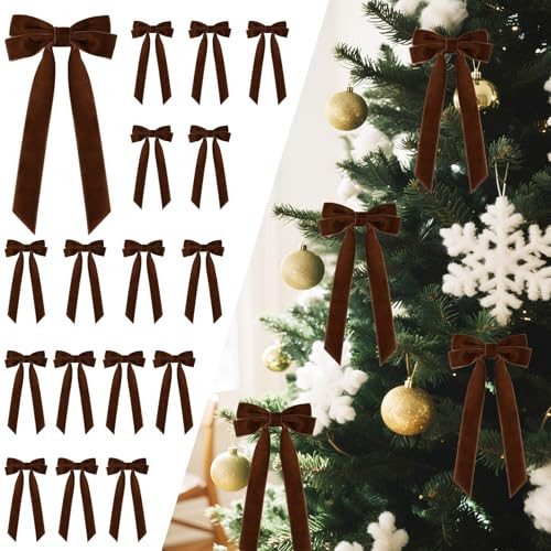 Senjie 16Pcs Velvet Ribbon Bows for Christmas Tree, Vintage Rustic Small Craft Bows Ornaments for Garland Wreath Gift Wrapping Candy Bags Party DIY Decorations (Deep Brown, 5" x 10", Width of 1") | Amazon (US)