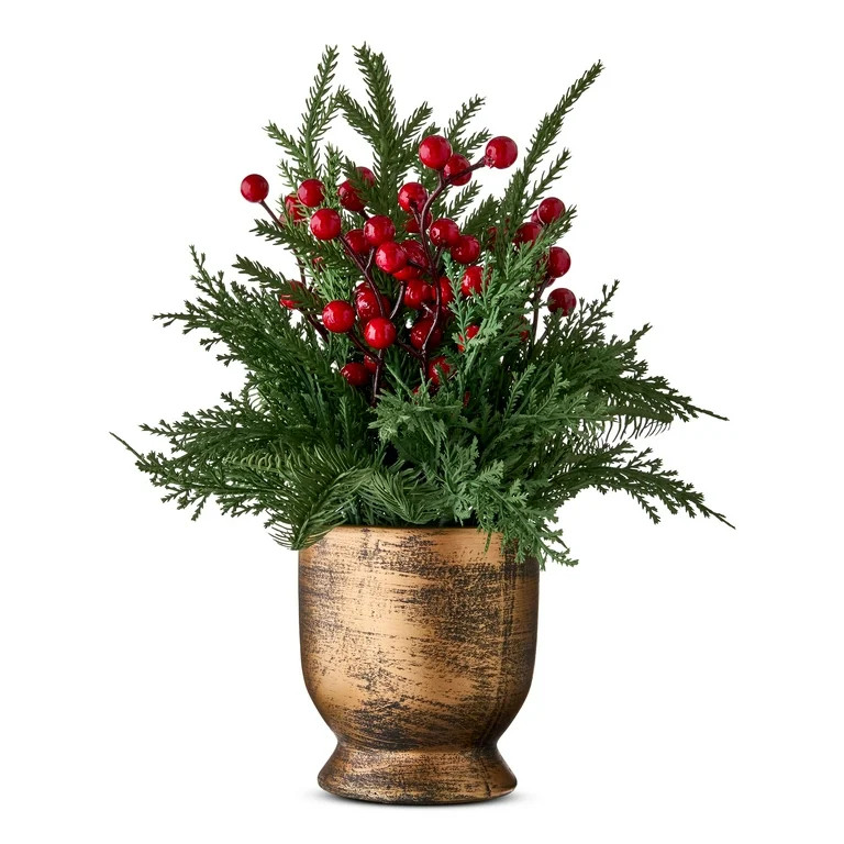 Berries and Pine Sprigs Arrangement Christmas Decoration, Red and Green, 12", by My Texas House | Walmart (US)