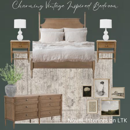 Charming vintage inspired bedroom- vintage / European influence is hot right now. Using pieces with classic lines creates a timeless look. Under 5K for the room! 
