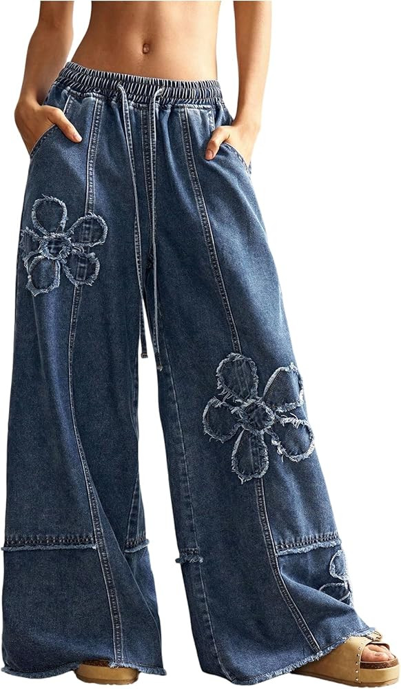 Women's Y2K Floral Baggy Jeans Boho Wide Leg Jeans Low Rise Denim Pants Drawstring Elastic Waist ... | Amazon (US)