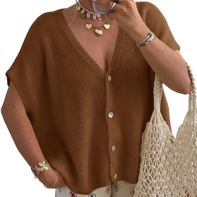 Short Sleeved Oversized Women Solid V-neck Casual Loose Knit Sweater Lightweight Button Tops | Walmart (US)