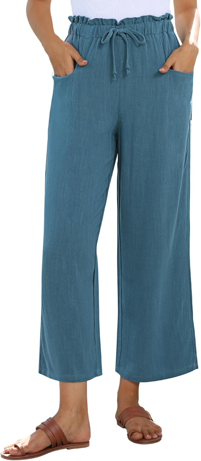 siliteelon Wide Leg Linen Pants for Women Summer Capri Palazzo Flowy Pants Casual Loose High Wais... | Amazon (US)