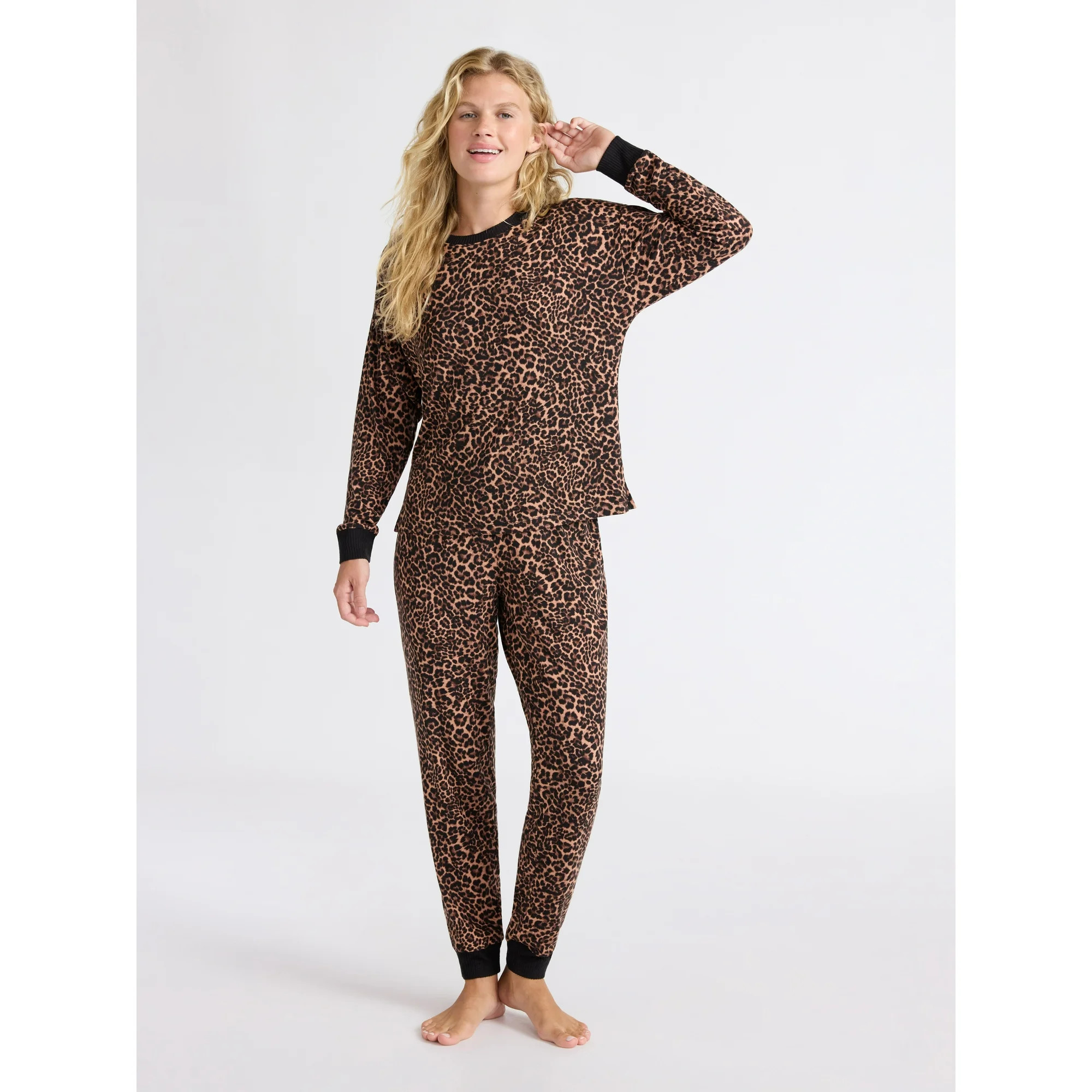 Joyspun Women's Cozy Lounge Collection Hacci Knit Long Sleeve Top and Joggers Pajama Set, Sizes X... | Walmart (US)