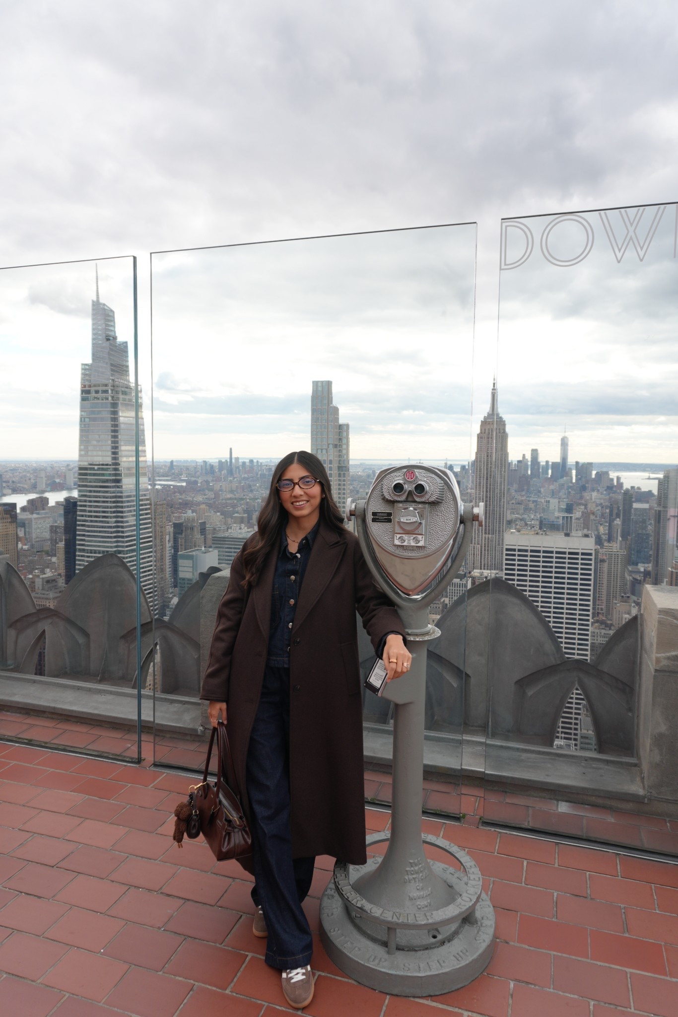chocolate brown coat, winter coat, Zara matching set, denim set, adidas sneakers, coach shoulder bag, bag charm, oval glasses 