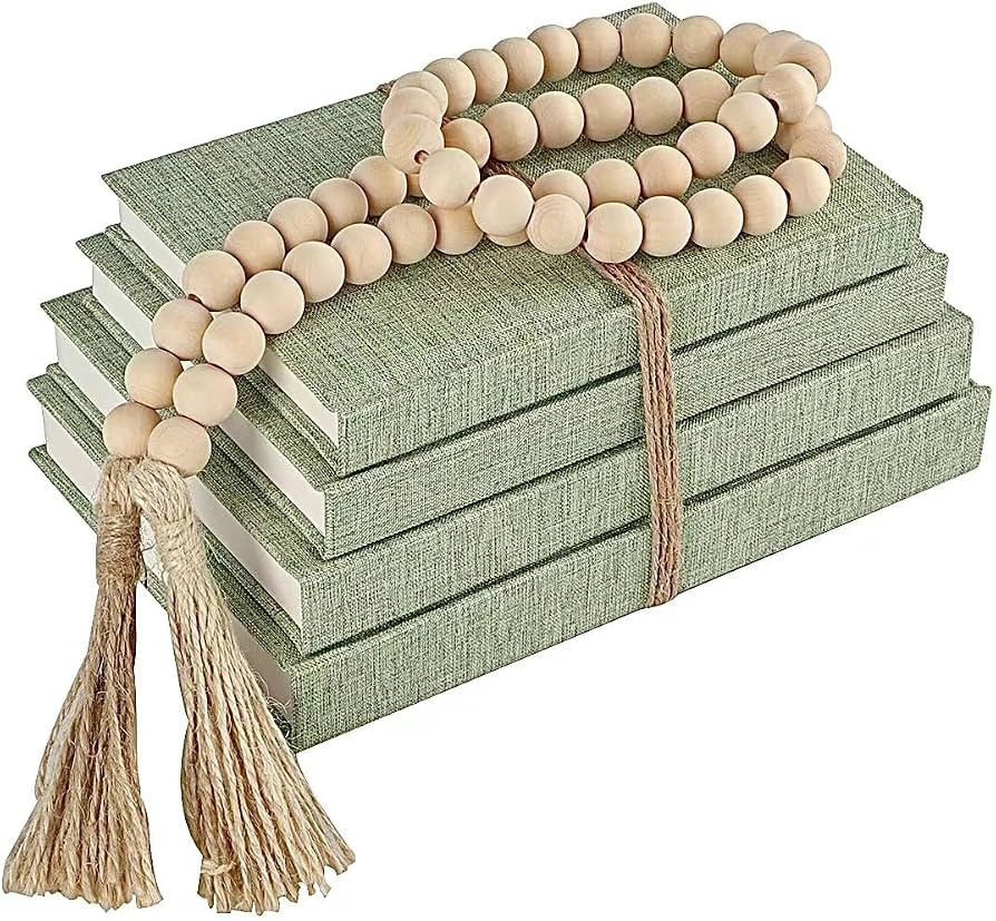 Linen Decorative Books for Home with Wood Beaded Tassel, 4-Piece Sage Set     Coffee Table Books,... | Amazon (US)