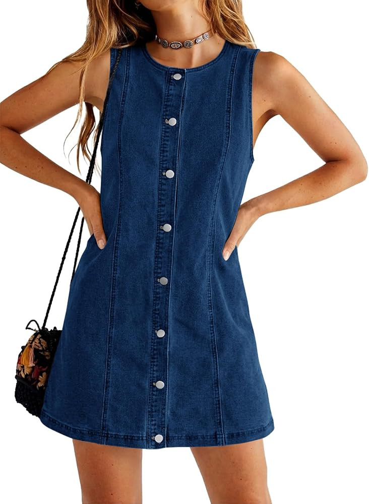 Womens Sleeveless Mini Denim Dress Summer Button Down Mini Jean Dresses | Amazon (US)