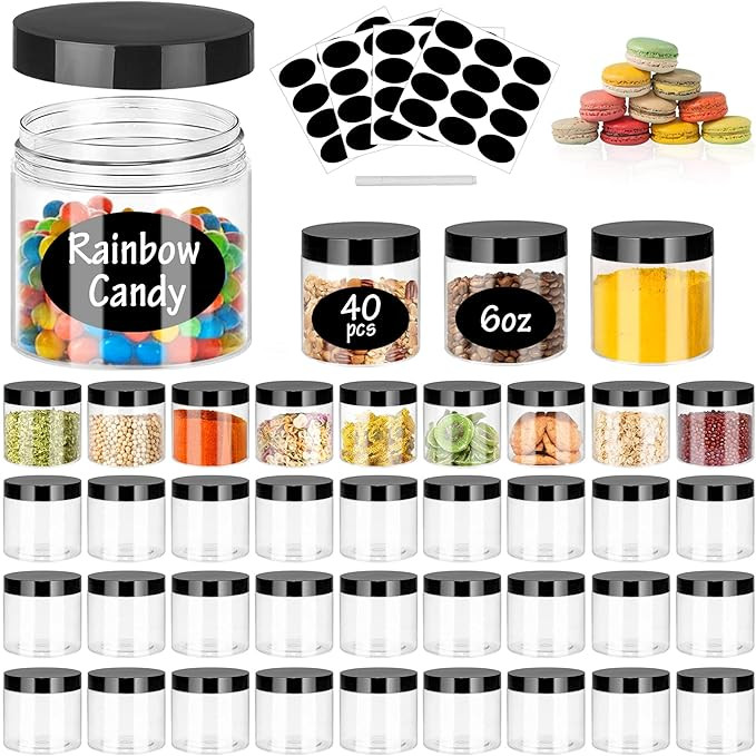 6OZ Plastic Jars with Black Lids 40Pcs Empty Plastic Pot Jars Round Refillable Clear Slime Contai... | Amazon (US)