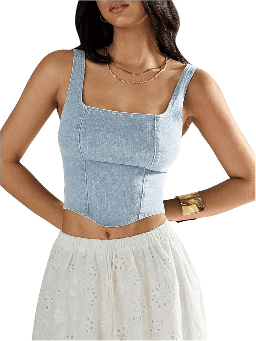 SHENHE Women's Denim Tank Top Sleeveless Square Neck Backless Slim Fit Y2k Crop Top | Amazon (US)