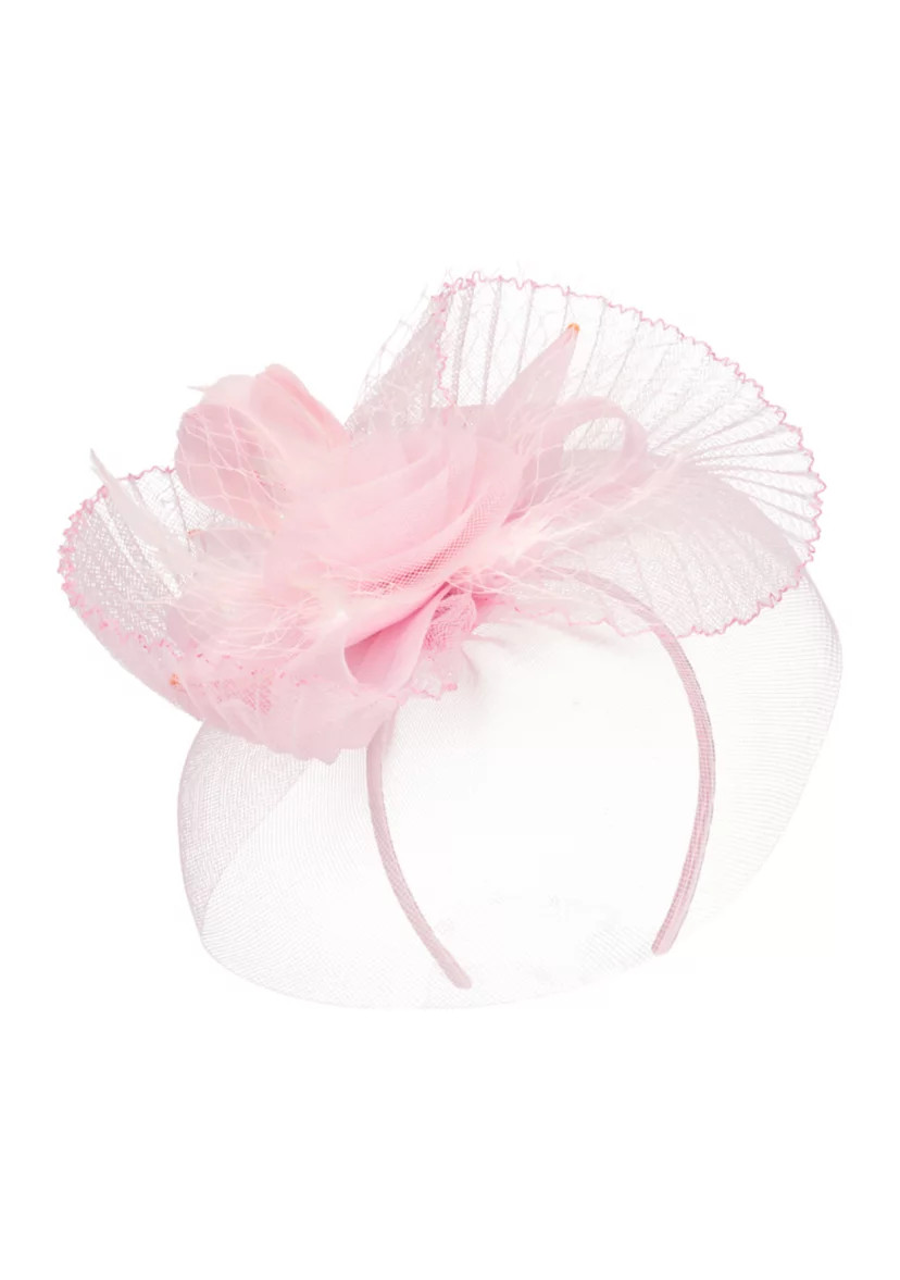 Fascinator with Pleated Organza Veil Rosetta Detail and Feather Trim | Belk