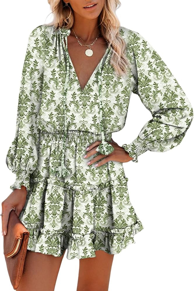 Dokotoo Spring Dresses for Women 2026 Boho Floral Drawstring V Neck Smocked Long Sleeve Ruffle Ti... | Amazon (US)