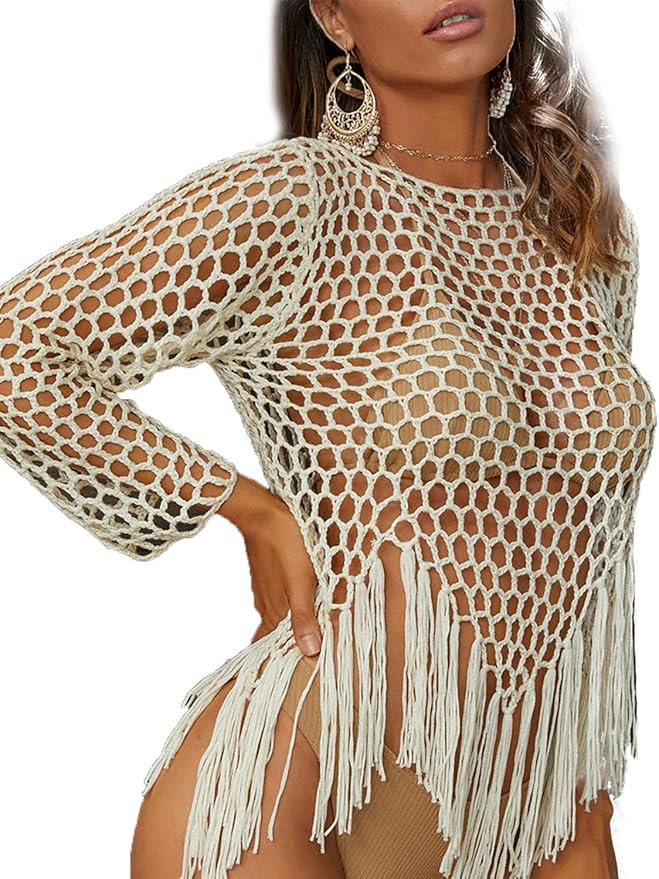 Simplee Women's Sexy Beach Cover Up Shirt Dress Crochet Mesh Swimwear Bathing Suit Coverups with ... | Amazon (US)