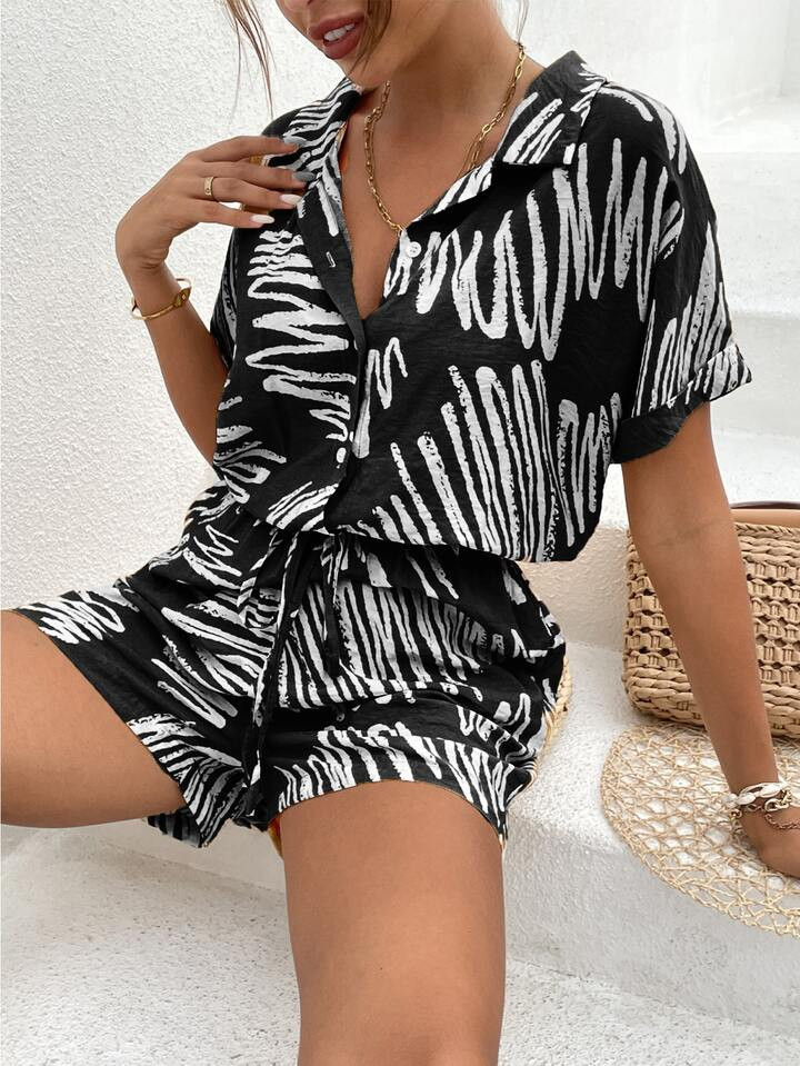 Brush Print Dolman Sleeve Tie Front Shirt Romper | SHEIN