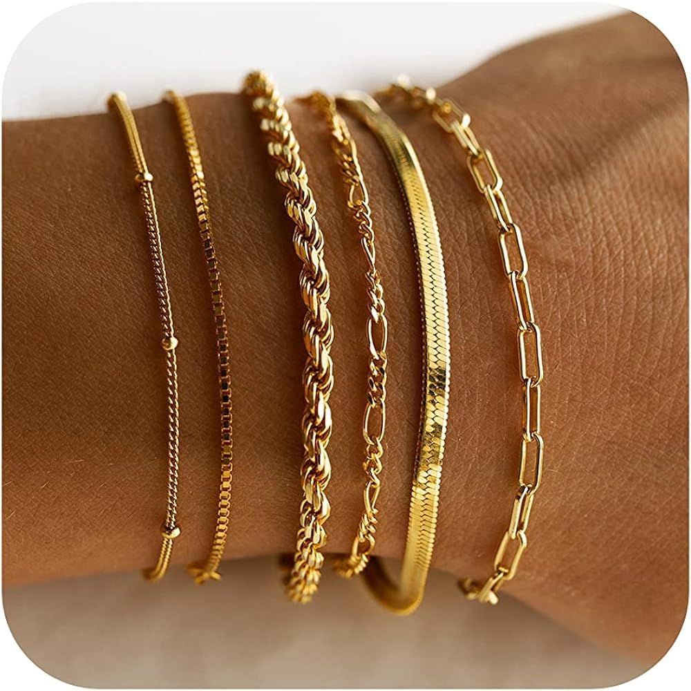 DEARMAY Gold Bracelets for Women Waterproof, 14K Real Gold Jewelry Sets for Women Trendy Thin Dai... | Amazon (US)