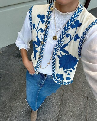 Zara Blue Embroidered Waistcoat Size Large Ref 6895 023 | eBay UK
