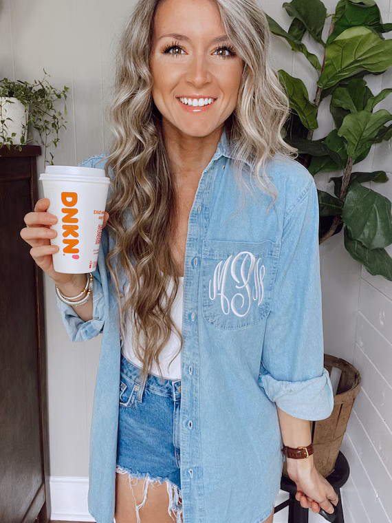 Monogram Denim Button Down -- Embroidered, Bridal Party, Shacket | Etsy (US)