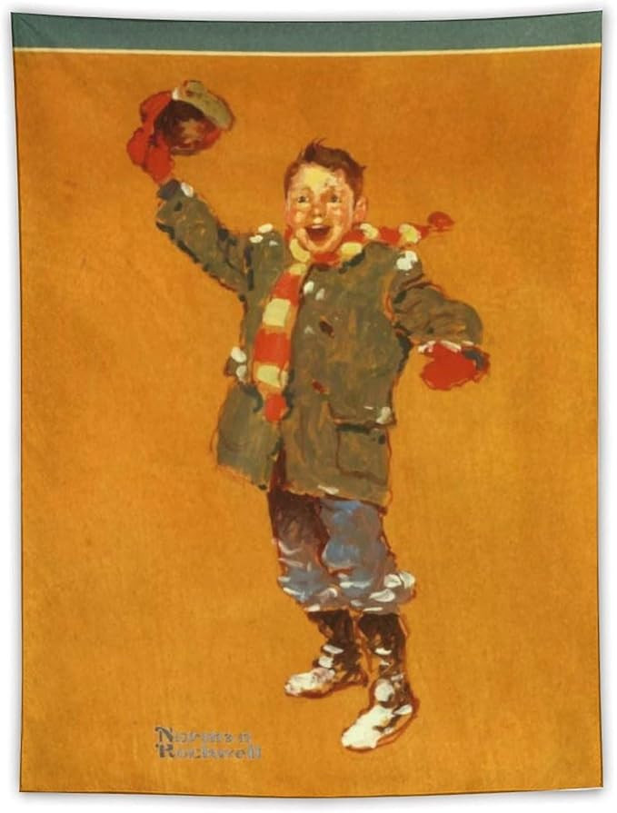 JU XIANG Norman Rockwell Christmas Art Tapestry Christmas Studies-Boy in Winter Clothes Waving Wa... | Amazon (US)