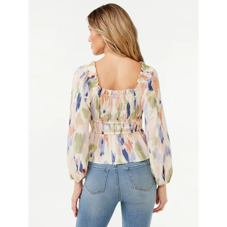 Sofia Jeans by Sofia Vergara Women’s Square Neck Peplum Top with Long Sleeves | Walmart (US)