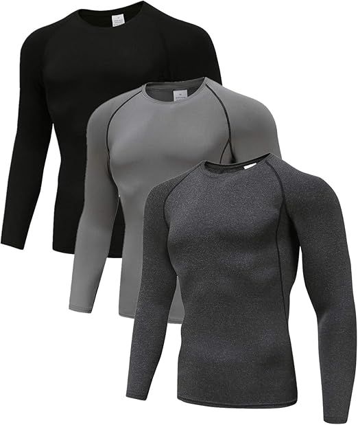 Men's (Pack of 3) Cool Dry Compression Long Sleeve Sports Baselayer T-Shirts Tops | Amazon (US)