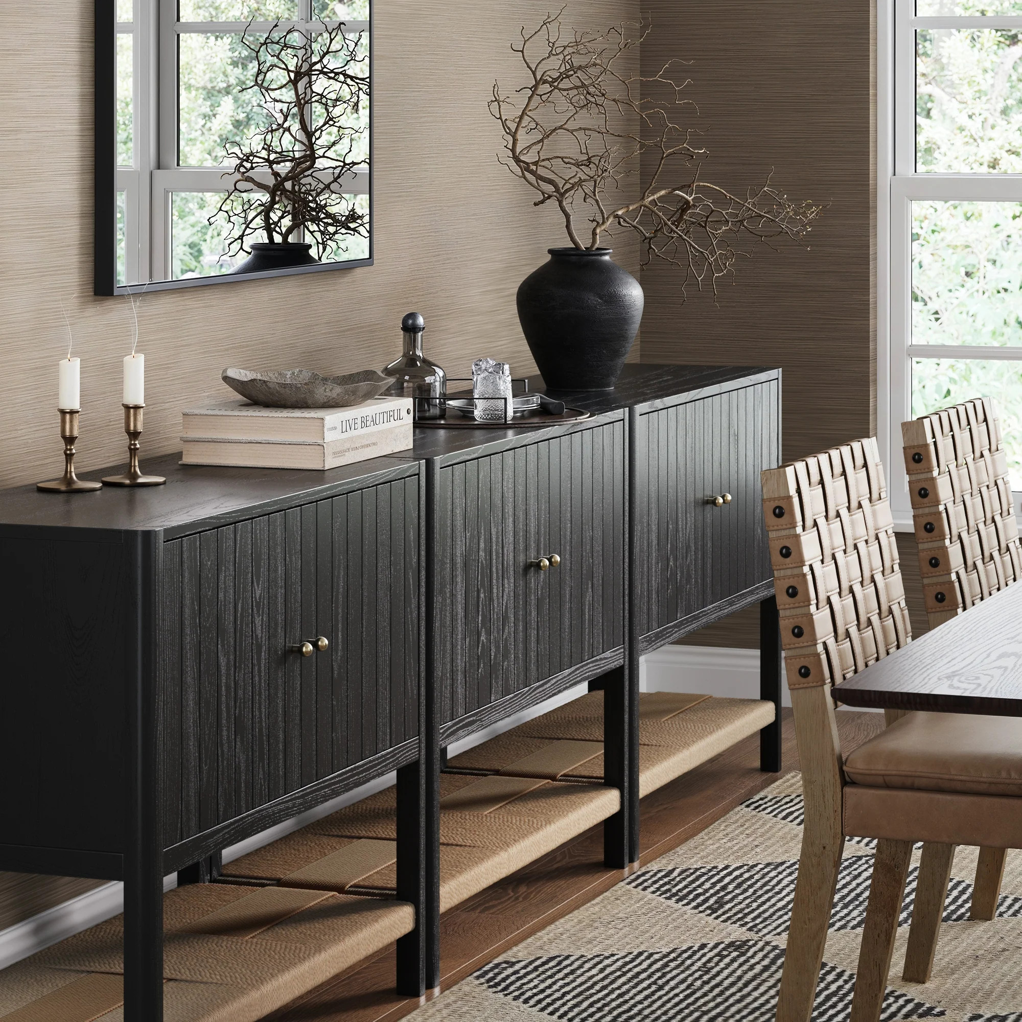 Grooved Door Storage Cabinet Credenza Black Oak (Set of 3) | Nathan James