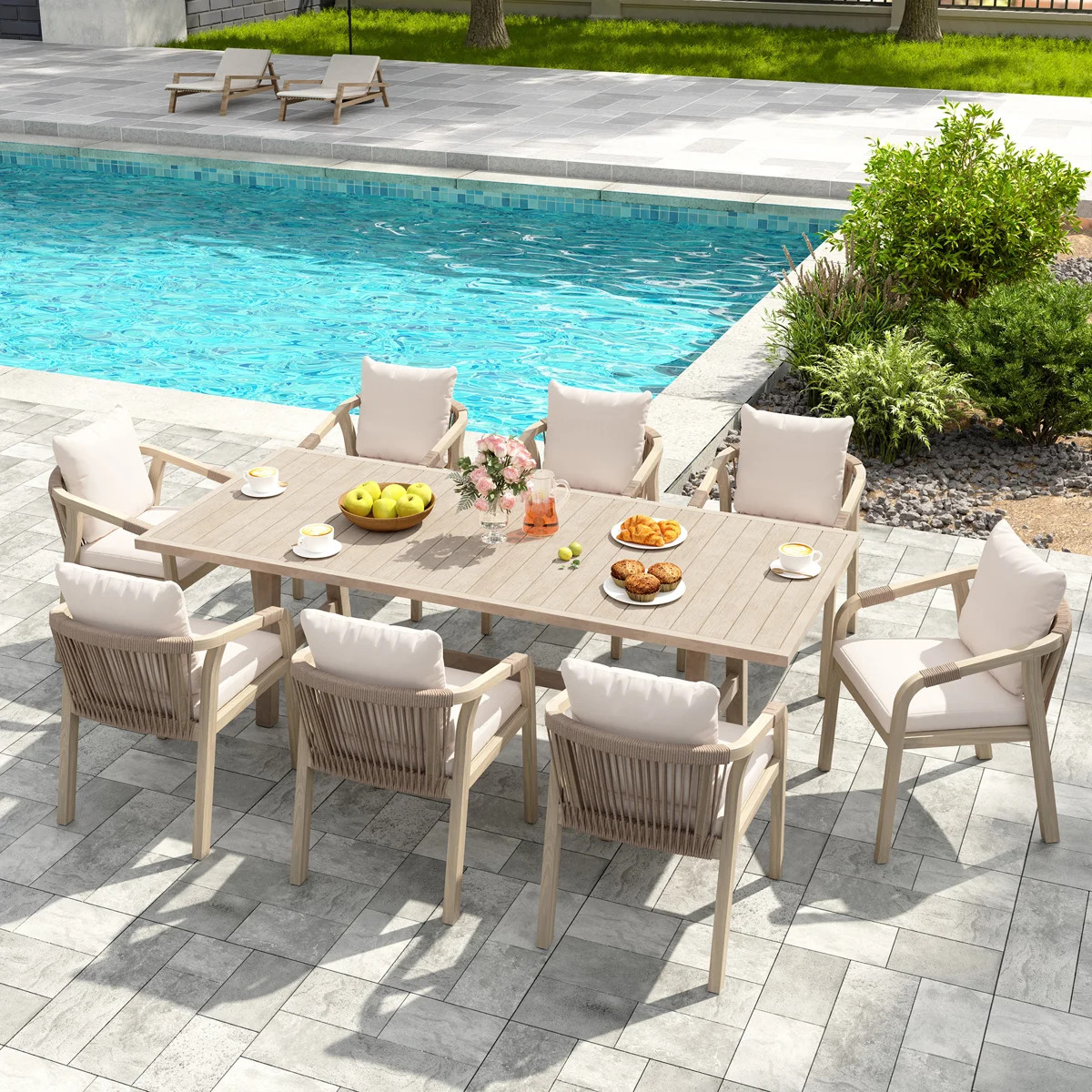 8-person Rectangular Outdoor Wood Dining Set With Cushions | Wayfair North America