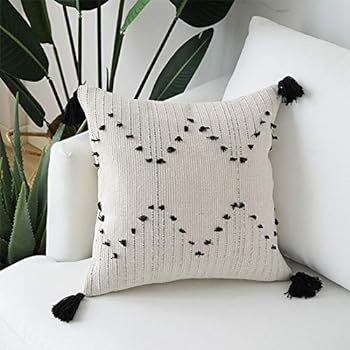 Hand Woven Tassels Throw Pillow Cover - Moroccan Cotton Beige with Black Geometric Pattern Pillow... | Amazon (US)