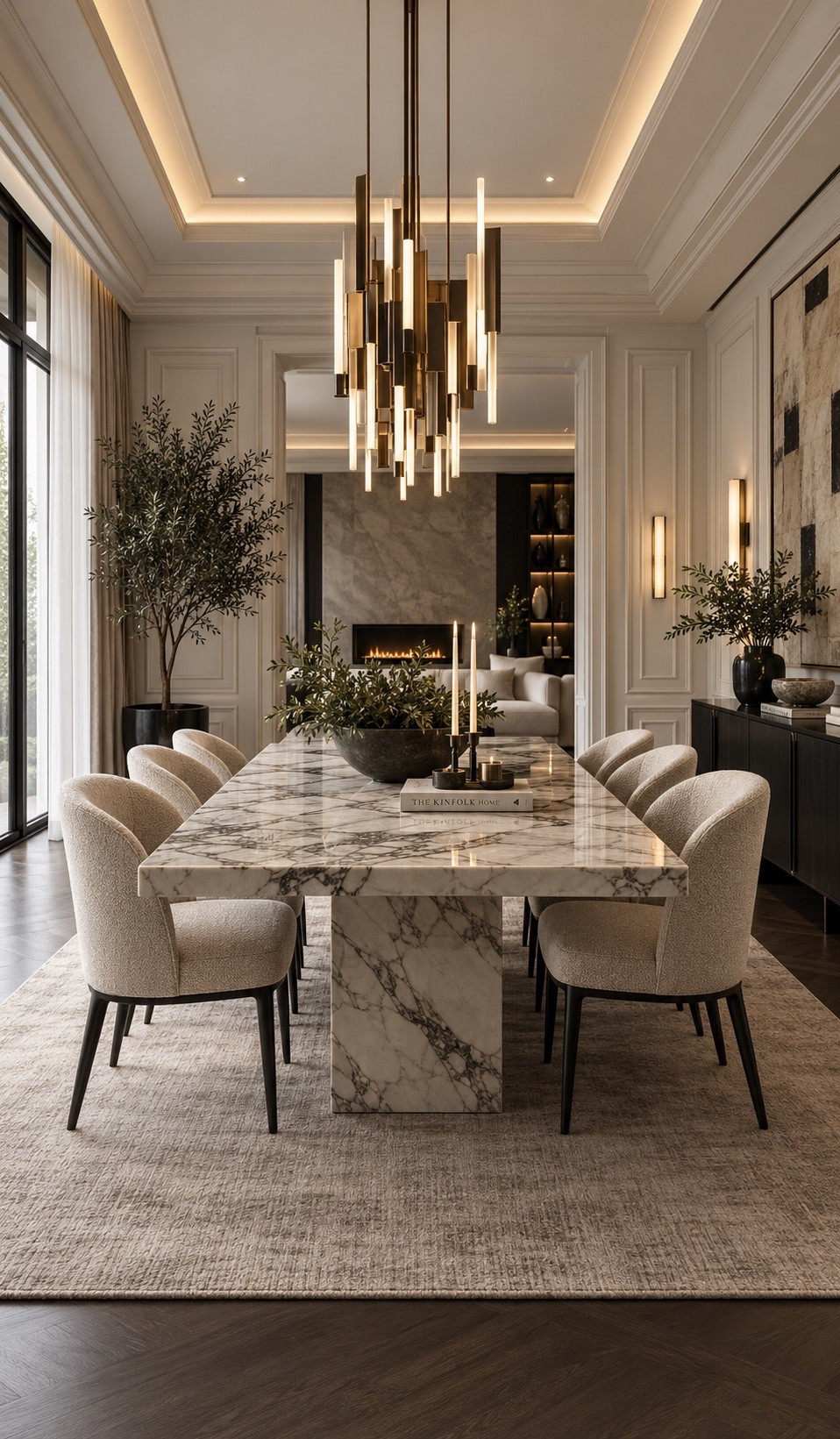 Shop This Room — link below. Recreate this sophisticated dining room with a dramatic marble dining table, soft ivory upholstered chairs, sculptural brass lighting and elegant black accents. Classic wall molding, warm ambient lighting and layered neutral textures create a polished modern-classic space with an elevated quiet-luxury feel.

#DiningRoomInspo #LuxuryDiningRoom #ModernDiningRoom #DiningRoomDecor #BlackAndWhiteInterior #QuietLuxury #ModernClassic #LuxuryInteriors #NeutralDiningRoom #InteriorDesign #HomeDecor #LuxuryHome #DiningRoomIdeas #ElegantInteriors #DesignerHome #ModernHome #MarbleDiningTable #InteriorInspo #HomeInspiration #LTKHome #LTKFinds #HomeFinds #LuxuryDecor #NeutralHome
