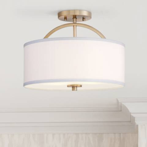 Possini Euro Halsted 15" Brass with White Linen Shade Ceiling Light | Lamps Plus