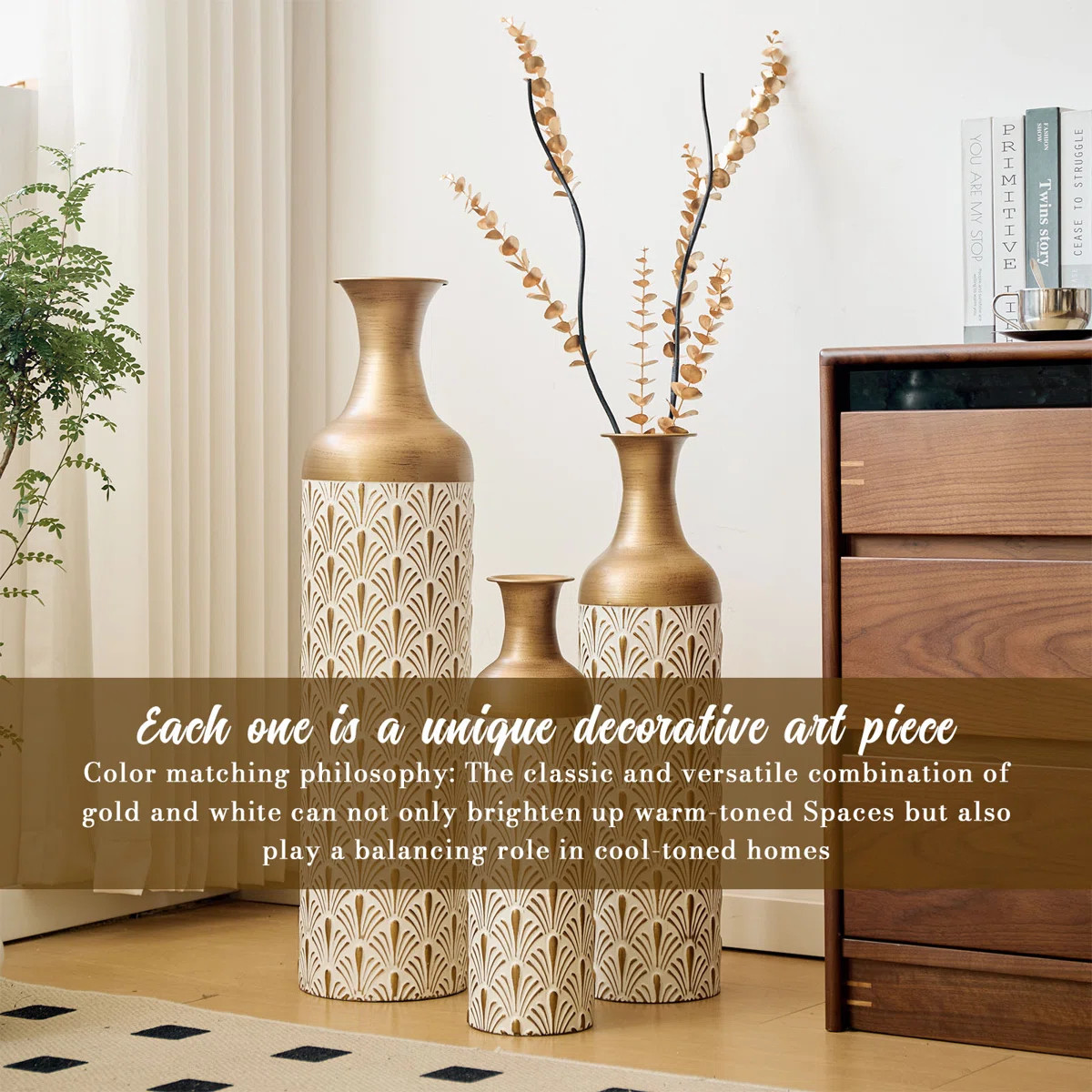 Floor Glam Metal Vases - Glazed White & Gold Finish - Set Of 3 Large Metal Decorative Vases | Wayfair North America