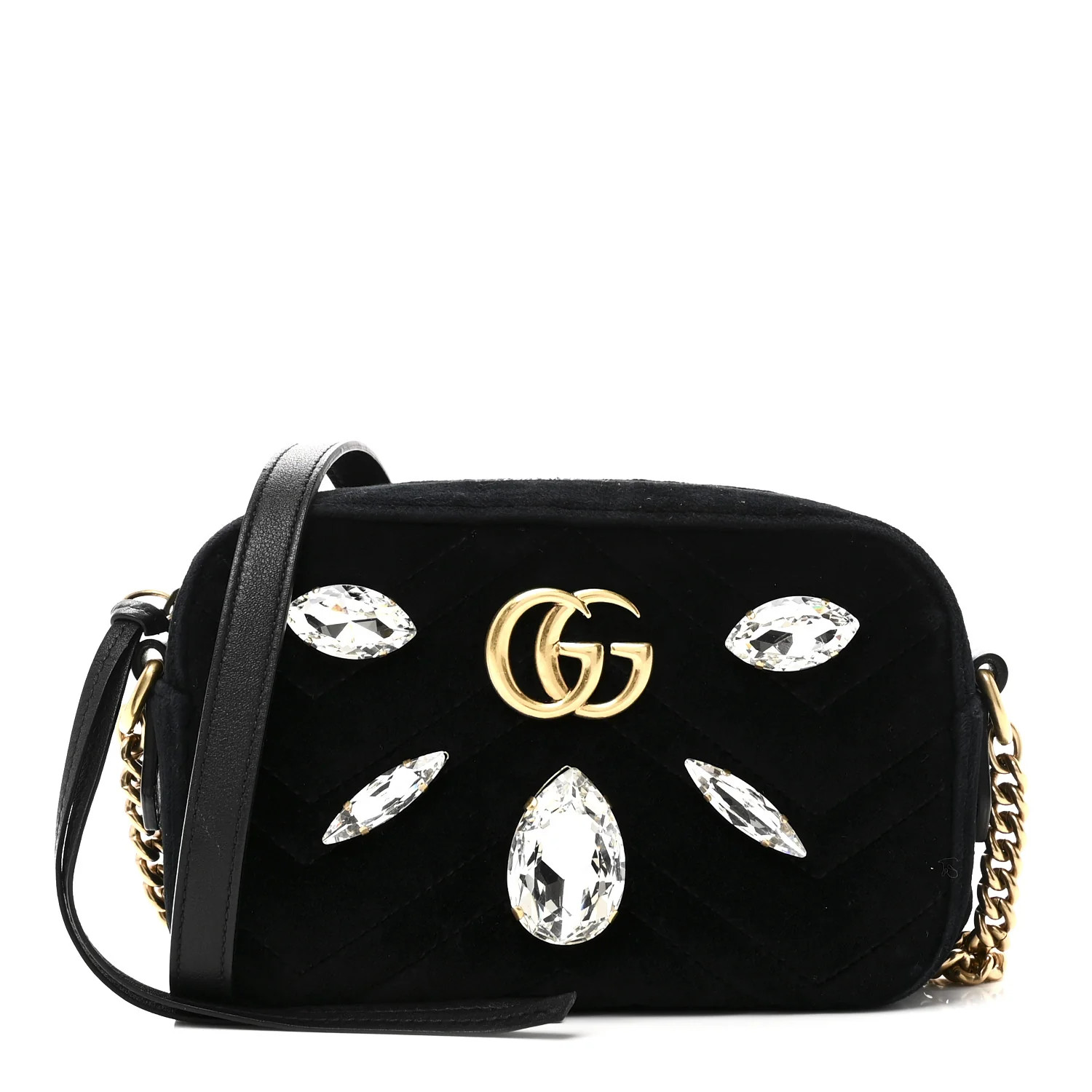 Velvet Matelasse Marquise Crystals Mini GG Marmont Chain Shoulder Bag Black | FASHIONPHILE (US)