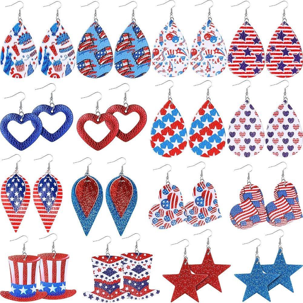 16 Pairs Independence Day American Flags Patriotic Faux Leather Earrings Dangle Petal Lightweight... | Amazon (US)