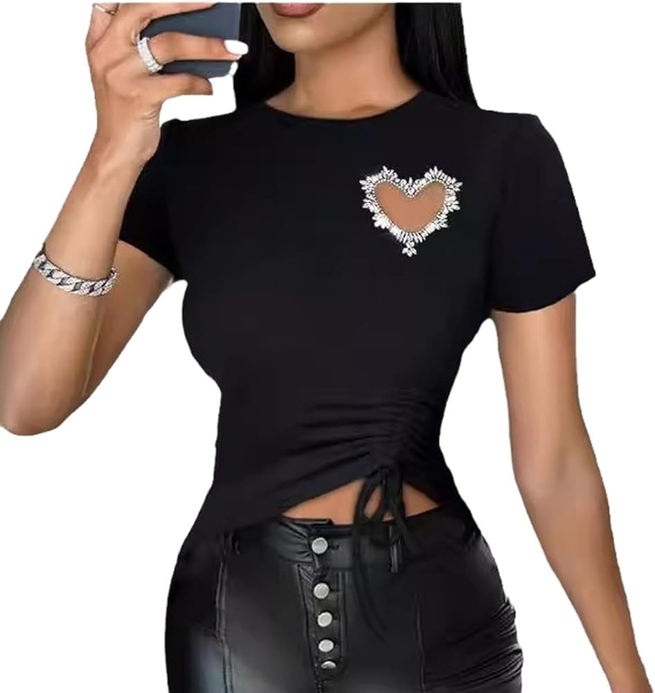2025 Trendy Women Cutout Heart Rhinestone Black Tee Tops Slim Drawstring Short Sleeve T-Shirt for... | Amazon (US)