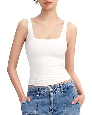 PUMIEY Women's Square Neck Tank Top Sleeveless Double Lined Basic Tops Sharp Collection | Amazon (US)