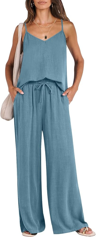 ANRABESS Women's 2 Piece Linen Lounge Set Casual Matching Pants Jumpsuit Summer Beach Travel Vaca... | Amazon (US)
