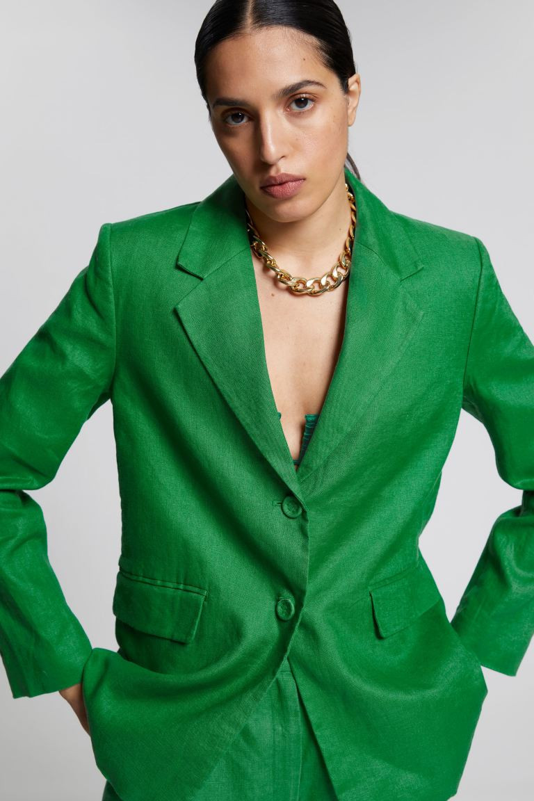 Relaxed Single-Breasted Linen Blazer - Bright Green - Ladies | H&M GB | H&M (UK, MY, IN, SG, PH, TW, HK)