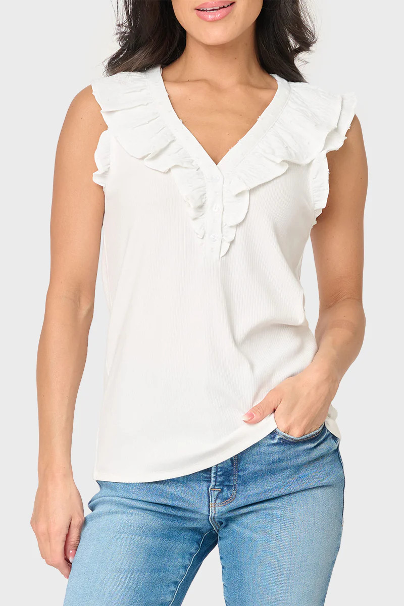 Ruffles For Days Mixed Media Henley Knit Top | Gibson