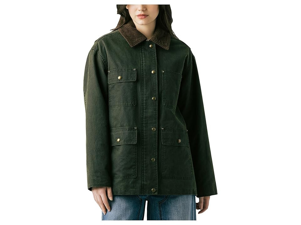 Blank NYC Catching A Break Coated Barn Jacket With Corduroy Collar Detail Women's Coat Green : SM, Cotton/Polyester | Zappos